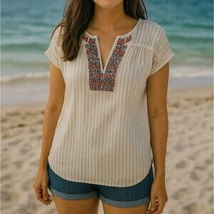 Madewell Belize Linen M Striped VNeck Embroidered Sleeveless Top Beach Summer